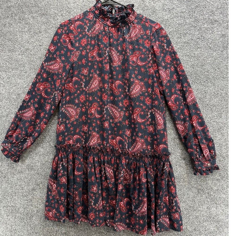 La Vie Rebecca Taylor Navy Red Paisley Ruffle Neck Drop Waist Mini Dress Small - Picture 3 of 12